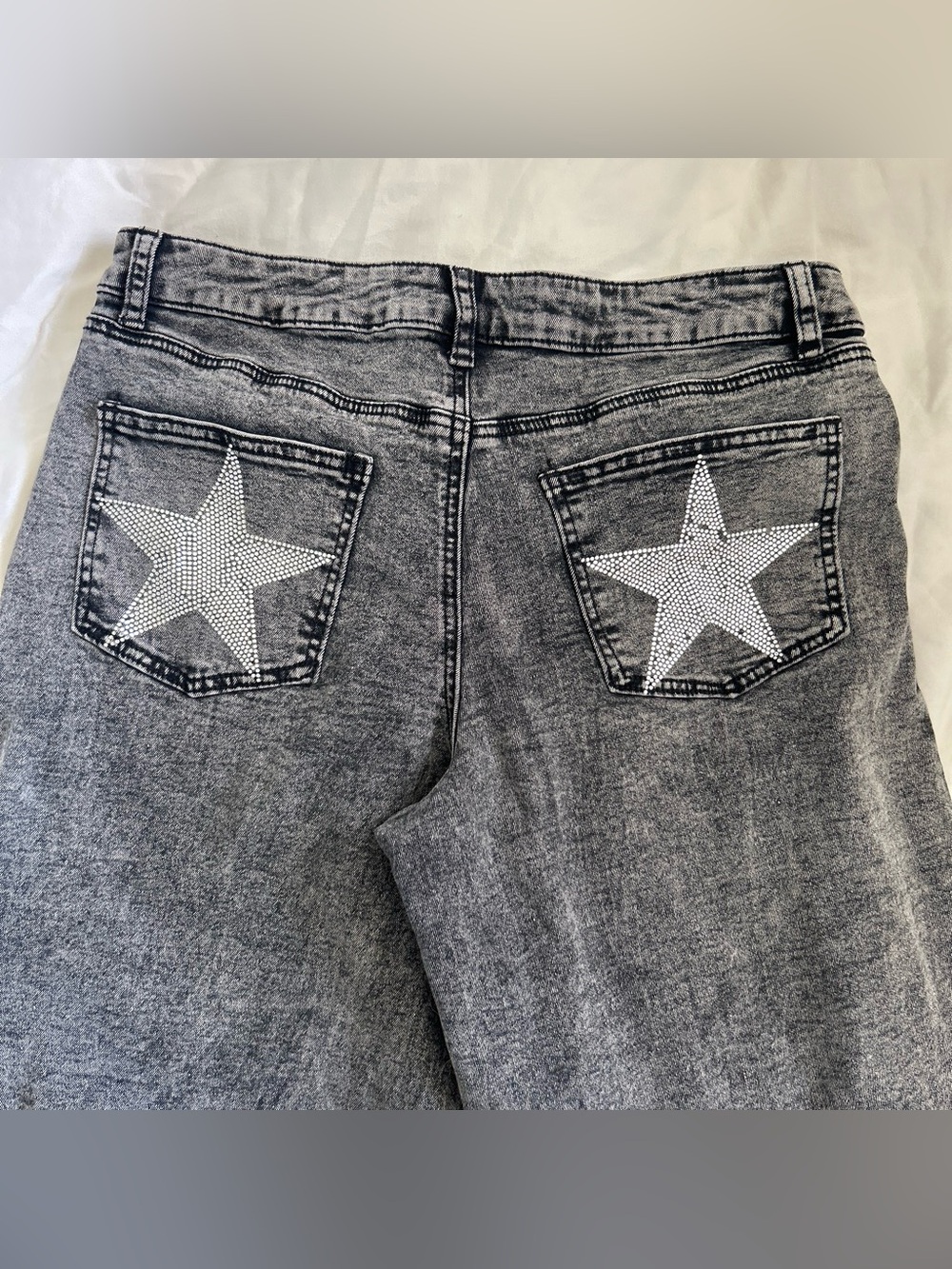 Grey Boyfriend Jeans with Rhinestone Star Pockets